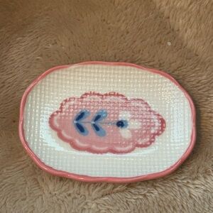 NWT 2”Lx3” Stoneware dish trinket tray with pink and blue design